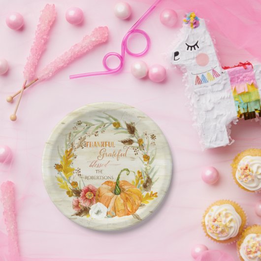 Thankful Grateful Blessed Herfst Harvest Family Wo Papieren Bordje (Feest)
