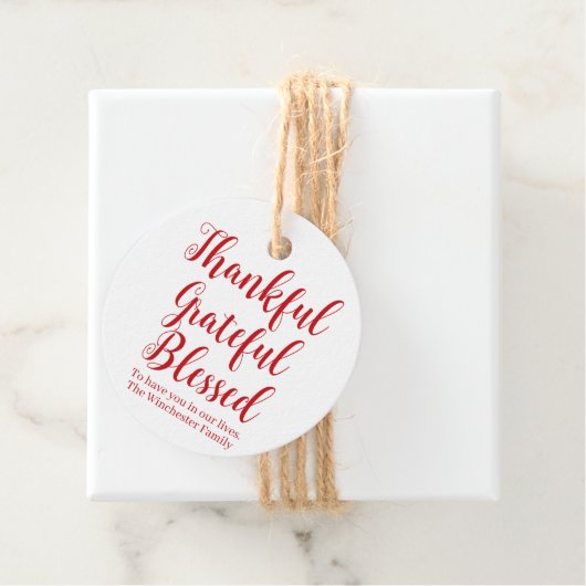 Thankful Grateful Blessed red script tekstvakantie Bedankjes Labels (In situ)