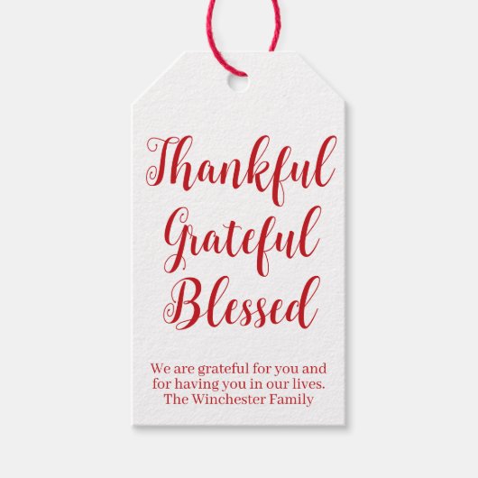 Thankful Grateful Blessed red script tekstvakantie Cadeaulabel (Voorkant)