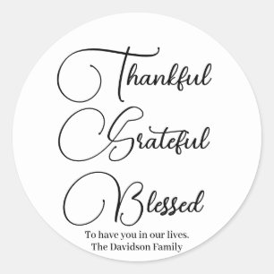 Thankful Grateful Blessed script Thanksgiving Ronde Sticker