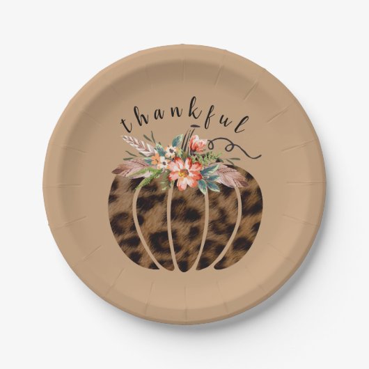 Thankful Leopard Print Pumpkin Boho Herfst herfst Papieren Bordje (Voorkant)