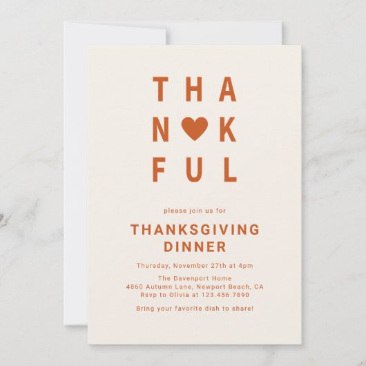 Thankful Modern Minimalist Thanksgiving Dinner Kaart (Voorkant)