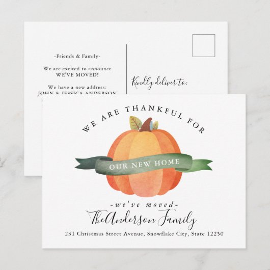 Thankful New Home Moved Pumpkin Holiday Moving Aankondigingskaart (Voorkant / Achterkant)