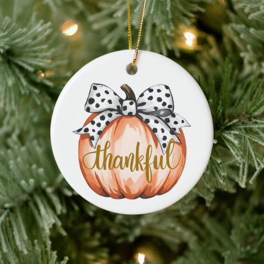 Thankful Pumpkin with Polka Dot Bow  Keramisch Ornament (Boom)