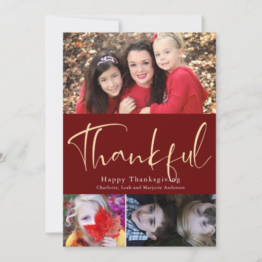 Thankful Script Thanksgiving 3 Photo Collage Card Bedankkaart (Voorkant)