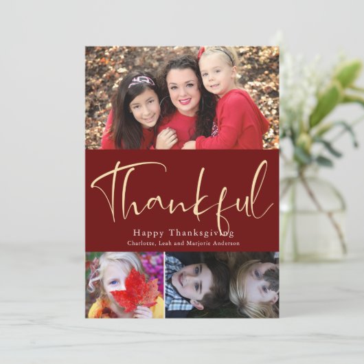 Thankful Script Thanksgiving 3 Photo Collage Card Bedankkaart (Staand voorkant)
