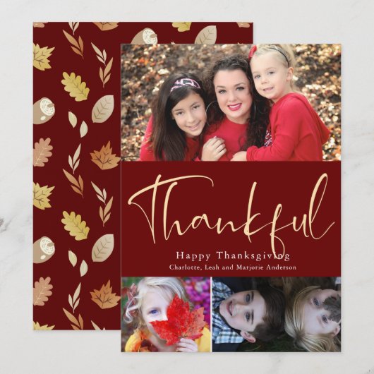 Thankful Script Thanksgiving 3 Photo Collage Card Bedankkaart (Voorkant / Achterkant)