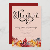 Thankful Script Waterverf laat Blush rood achter Kaart (Voorkant / Achterkant)