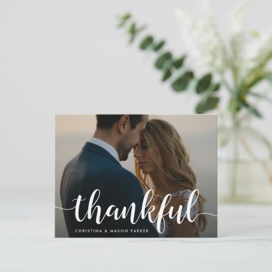 Thankful Script | Weddenfoto Hartelijk dank Briefkaart (Staand voorkant)