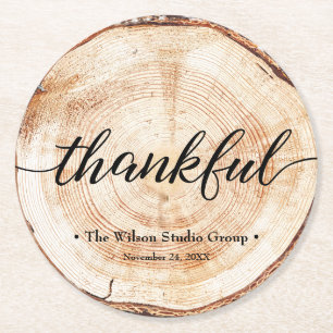 Thankful Script Wood Slice Rustic Corporate Ronde Kartonnen Onderzetter