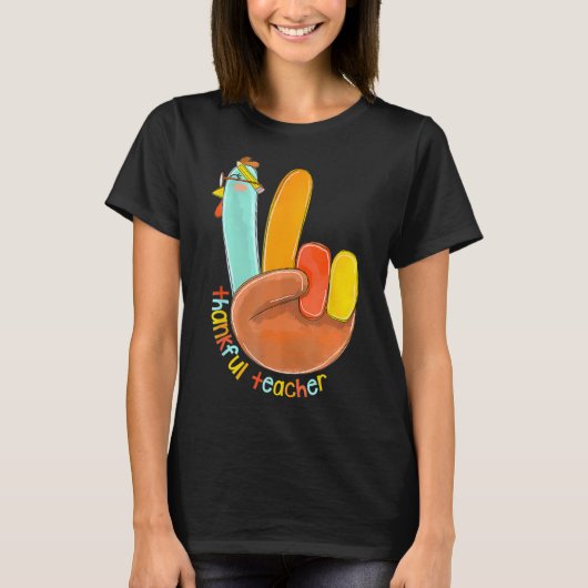 Thankful Teacher Funny Thanksgiving Peace Hand Sig T-shirt (Voorkant)