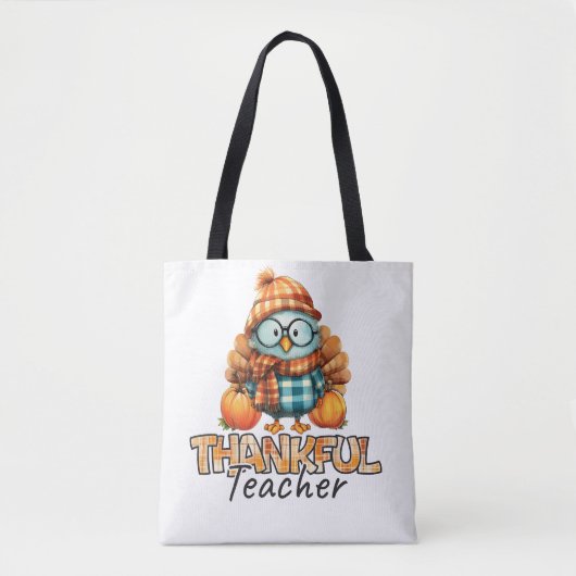 Thankful Teacher –Owl with Pumpkins & Plaid Tote Bag (Voorkant)