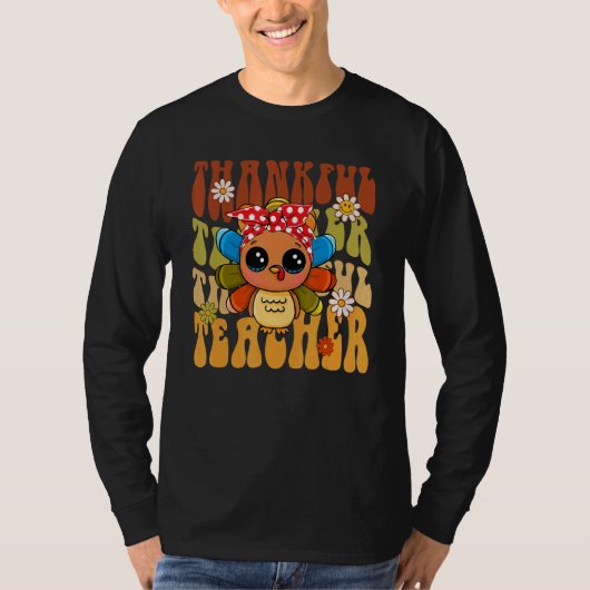 Thankful Teacher Retro Groovy Thanksgiving Turkey  T-shirt (Voorkant)