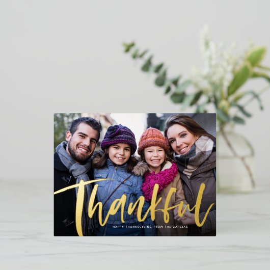 Thankful Thanksgiving van de familiefoto van het b Folie Feestdagen Briefkaart (Staand Voorkant)