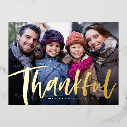 Thankful Thanksgiving van de familiefoto van het b Folie Feestdagen Briefkaart (Voorkant)