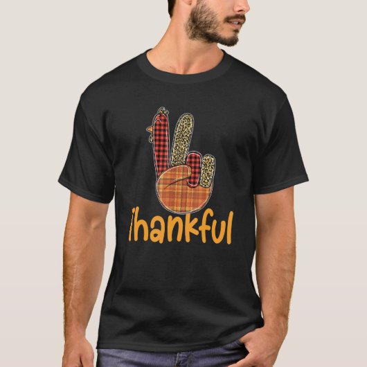 Thankful Turkey Hand Sign Peace Leopard Plaid Than T-shirt (Voorkant)