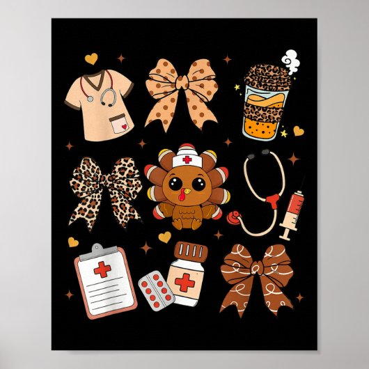 Thankful Turkey Nurse Fall Stethoscope Coquette Th Poster (Voorkant)