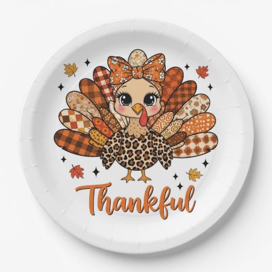 Thankful Turkey with Autumn Patchwork Feathers Papieren Bordje (Voorkant)