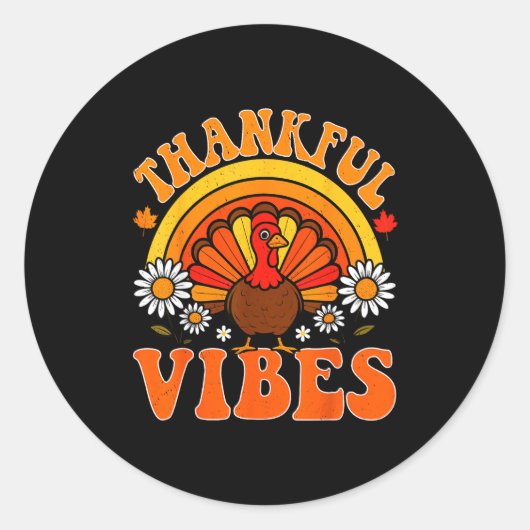 Thankful Vibes Autumn Retro Turkey Thanksgiving Ra Ronde Sticker (Voorkant)