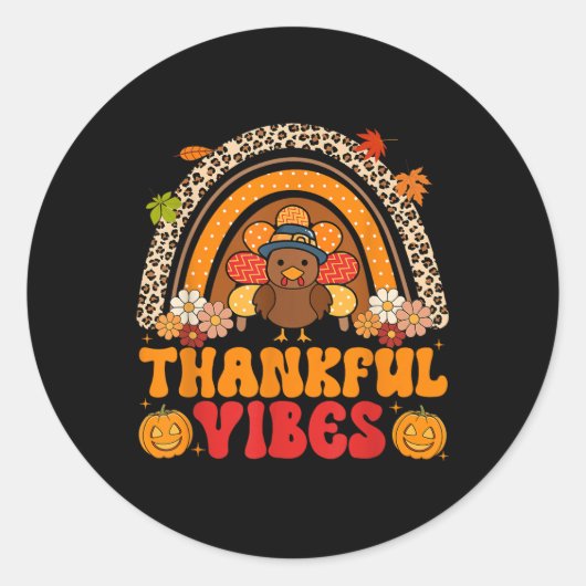 Thankful Vibes Turkey Rainbow Retro Thanksgiving W Ronde Sticker (Voorkant)