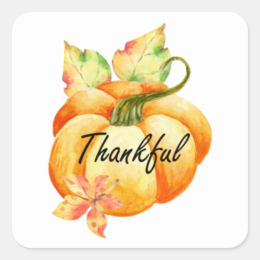 Thankful Waterverf Pumpkin Thanksgiving Vierkante Sticker (Voorkant)