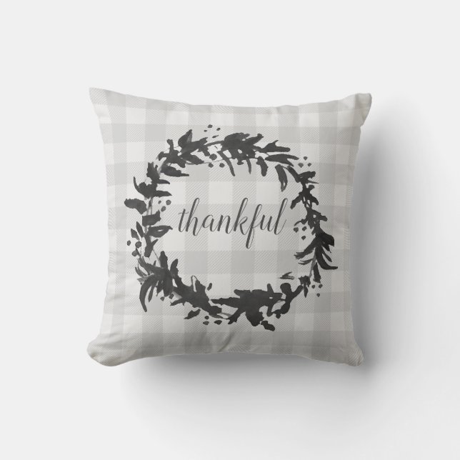 Thankful Wreath Script Check Print Sierkussen (Voorkant)