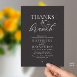 Thanks A Brunch, Modern Classy Wedding Kaart<br><div class="desc">Elegantly announce your happily ever after with our modern classy wedding elopement celebration invitation card, "Thanks a Brunch". Tailored for couples continuing their love story, this invitation strikes a perfect balance of sophistication and charm, setting the scene for an unforgettable event. Featuring a modern contemporary script design, white text on...</div>