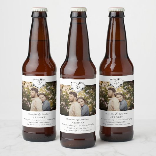 Thanks Floral Heart Wedding Photo Engaged Couple Bier Etiket (Flessen)