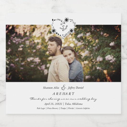 Thanks Floral Heart Wedding Photo Engaged Couple Bier Etiket (Enkel label)