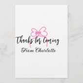 thanks for coming add name text message pink bow f kaart (Voorkant)