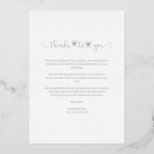 Thanks Wedding Silver Heart Whimsical Script Folie Uitnodiging (Achterkant)