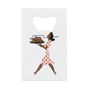 Thanksgiving 1950 zwarte huisvrouw creditkaart flessenopener