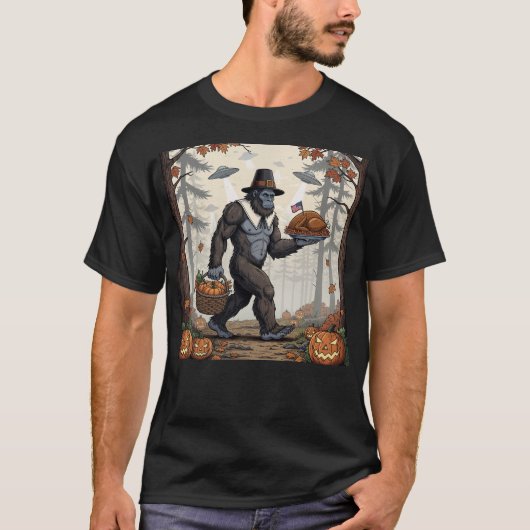 Thanksgiving Bigfoot UFO Funny Sasquatch Turkey T-shirt (Voorkant)
