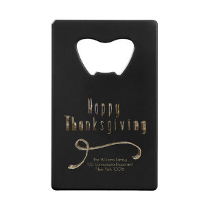 Thanksgiving Black Gold Elegant Script Typografie Creditkaart Flessenopener