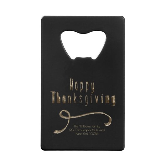 Thanksgiving Black Gold Elegant Script Typografie Creditkaart Flessenopener (Achterkant)