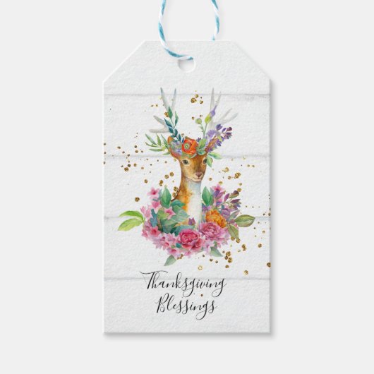 Thanksgiving Blessings Floral Deer Cadeaulabel (Voorkant)