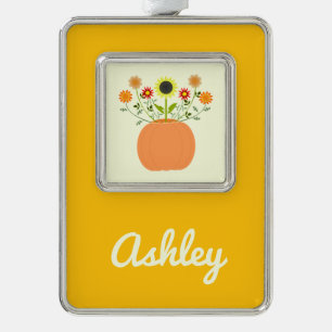 Thanksgiving Bloemen in Pompoen Custom Naam Verzilverd Omlijst Ornament