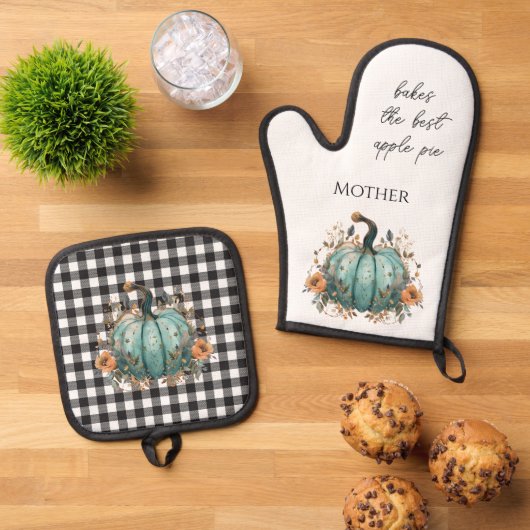 Thanksgiving Blue Pumpkin Rustic Ovenwant & Pannenlap Set (Top down)