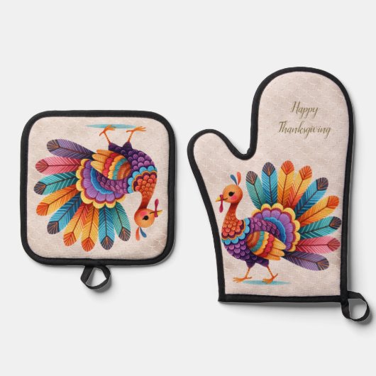 Thanksgiving Bright Feathers Turkije Ovenwant & Pannenlap Set (Voorkant)