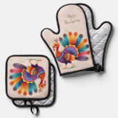 Thanksgiving Bright Feathers Turkije Ovenwant & Pannenlap Set (Voorkant / Achterkant)