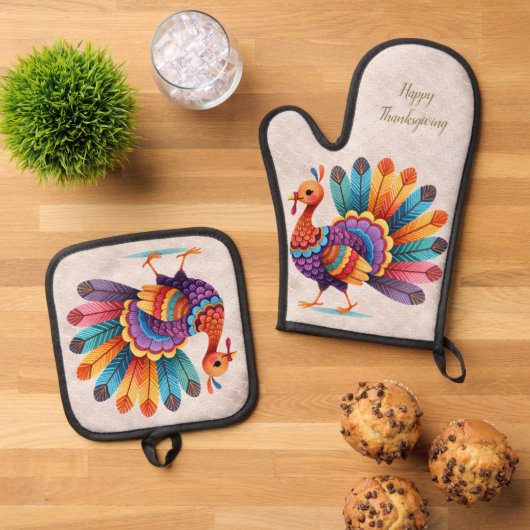 Thanksgiving Bright Feathers Turkije Ovenwant & Pannenlap Set (Top down)
