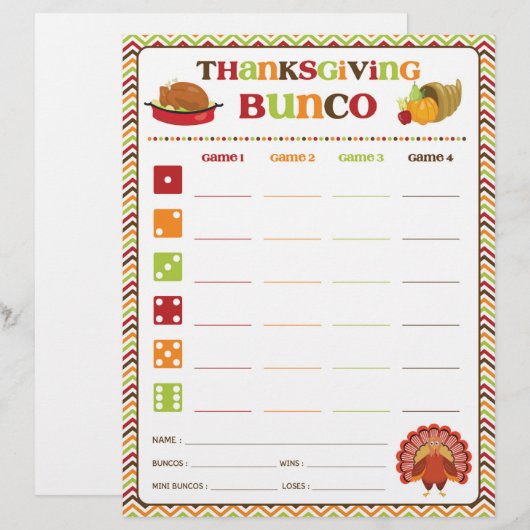 Thanksgiving Bunco Party Game Score Kaart (Voorkant / Achterkant)