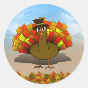 Thanksgiving Cartoon Turkije Pilgrim Ronde Sticker