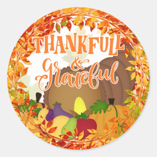 Thanksgiving Cornucopia Dankbaar & Dankbaar Ronde Sticker (Voorkant)