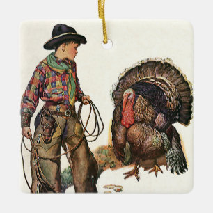Thanksgiving, Cowboy die een Turkije vangt Keramisch Ornament