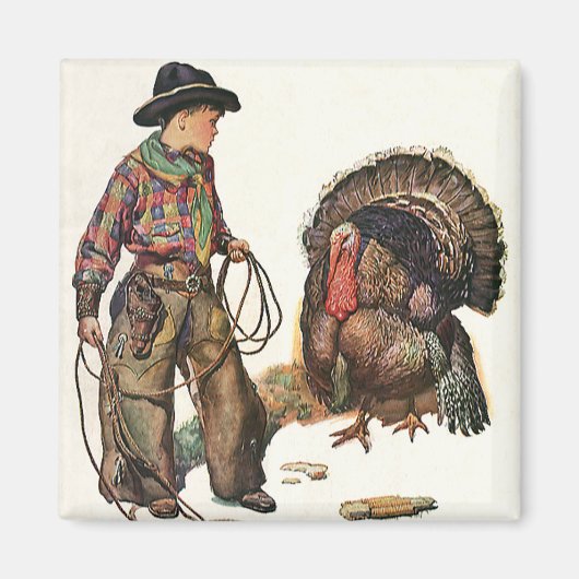  Thanksgiving, Cowboy die een Turkije vangt Magneet (Voorkant)