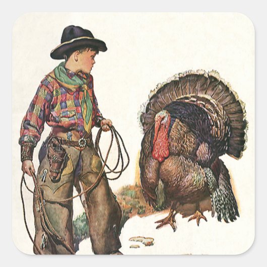  Thanksgiving, Cowboy die een Turkije vangt Vierkante Sticker (Voorkant)