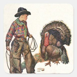 Thanksgiving, Cowboy die een Turkije vangt Vierkante Sticker