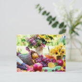 Thanksgiving Cronucopie met vruchten en bloemen Feestdagenkaart (Staand voorkant)