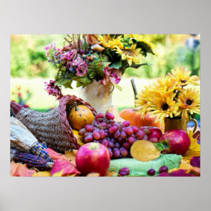 Thanksgiving Cronucopie met vruchten en bloemen Poster
